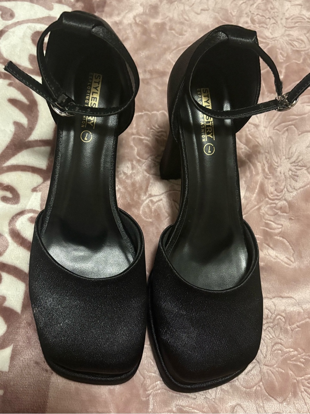 Stylish Black Satin Ankle-Strap Block Heel